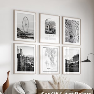Art mural de la galerie de Seattle - lot de 6, photos en noir et blanc de Seattle, affiches de Seattle, estampes de Seattle, Washington