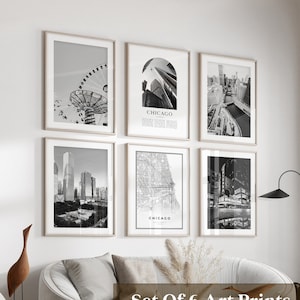 Art mural de la galerie de Chicago - lot de 6, photo noir et blanc de Chicago, affiches de Chicago, estampes de Chicago, Illinois