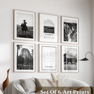 Art mural Wyoming Gallery - Lot de 6, photos en noir et blanc du Wyoming, affiches du Wyoming, gravures du Wyoming, États-Unis