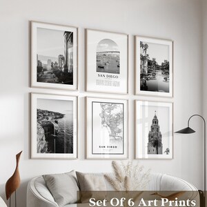Art mural galerie San Diego - lot de 6, photos en noir et blanc de San Diego, affiches de San Diego, estampes de San Diego, Californie