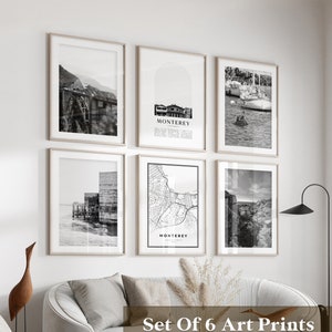 Art mural de la galerie Monterey - lot de 6, photos noir et blanc Monterey, affiches Monterey, estampes Monterey, Californie