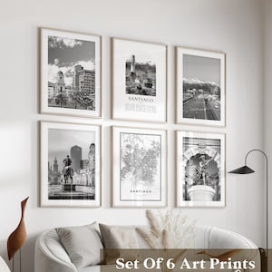 Santiagogalerij muurkunst - set van 6, Santiago zwart-witfoto, Santiago-posters, Santiago-prenten, Chili