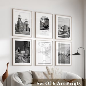 Art mural de la galerie Reno - Lot de 6, photos en noir et blanc Reno, affiches Reno, impressions Reno, Nevada