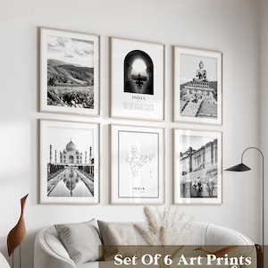 Art mural de la galerie Inde - Lot de 6, photos noir et blanc Inde, affiches Inde, estampes Inde, Asie