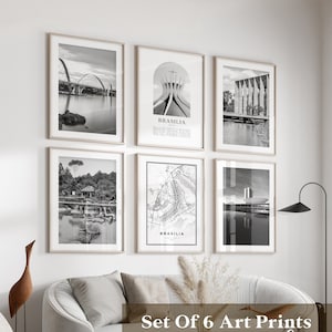 Arte mural de la galería Brasilia: juego de 6, fotografía en blanco y negro de Brasilia, carteles de Brasilia, impresiones de Brasilia, Brasil