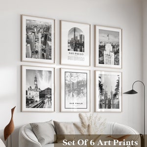 Arte mural de la galería de Sao Paulo: conjunto de 6 fotografías en blanco y negro de Sao Paulo, carteles de Sao Paulo, impresiones de Sao Paulo, Brasil