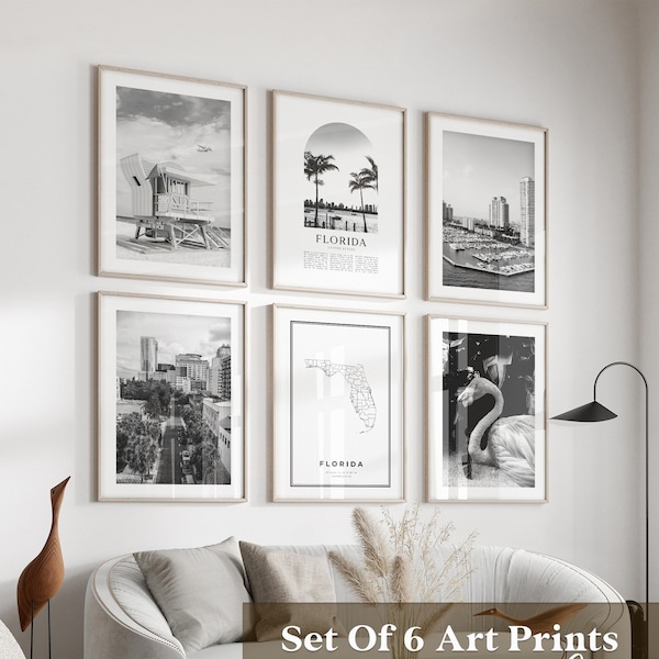 Art mural Florida Gallery - lot de 6, photos noir et blanc Floride, affiches Floride, estampes Floride, États-Unis