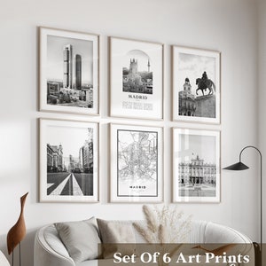 Arte mural de la galería de Madrid: conjunto de 6 fotografías en blanco y negro de Madrid, carteles de Madrid, impresiones de Madrid, España