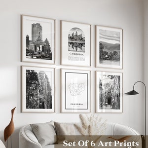 Art mural galerie Cambodge - Lot de 6, photos noir et blanc Cambodge, affiches Cambodge, estampes Cambodge, Asie