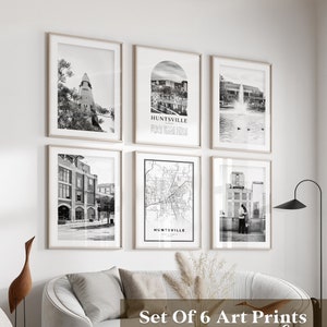 Art mural de la galerie Huntsville - lot de 6, photo noir et blanc Huntsville, affiches Huntsville, estampes Huntsville, Alabama