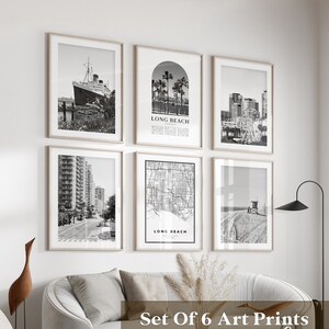 Long Beach Gallery Wandkunst - 6er-Set, Long Beach Schwarzweißfoto, Long Beach Poster, Long Beach Prints, Kalifornien