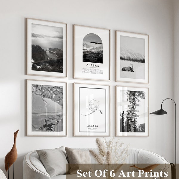 Alaska Gallery Wall Art - Set of 6, Alaska Black and White Photo, Alaska Posters, Alaska Prints, United States