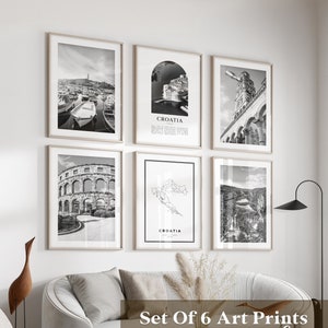 Kroatië galerijmuurkunst - set van 6, Kroatië zwart-witfoto, Kroatië posters, Kroatië prenten, Europa