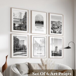 Art mural de la galerie Tacoma - lot de 6, photo noir et blanc Tacoma, affiches Tacoma, impressions Tacoma, Washington