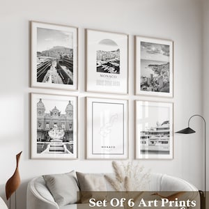 Art mural de la galerie Monaco - Lot de 6, photos noir et blanc Monaco, affiches Monaco, estampes Monaco, Europe