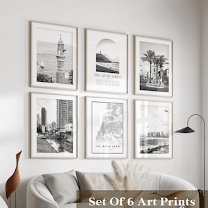 Art mural de la galerie Tel Aviv-Yafo - Lot de 6, photos en noir et blanc Tel Aviv-Yafo, affiches Tel Aviv-Yafo, estampes Tel Aviv-Yafo, Israël