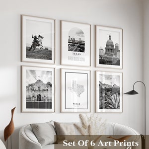Art mural Texas Gallery - lot de 6, photos noir et blanc Texas, affiches Texas, estampes Texas, États-Unis