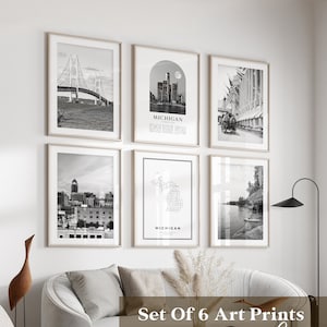 Art mural Michigan Gallery - lot de 6, photo noir et blanc Michigan, affiches Michigan, estampes Michigan, États-Unis