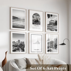 Art mural Virginia Gallery - Lot de 6, photos noir et blanc Virginia, affiches Virginia, gravures Virginia, États-Unis