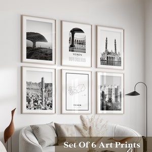 Art mural de la galerie Yémen - Lot de 6, photos noir et blanc Yémen, affiches Yémen, estampes Yémen, Asie