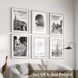 Art mural galerie Thaïlande - Lot de 6, photos noir et blanc Thaïlande, affiches Thaïlande, estampes Thaïlande, Asie