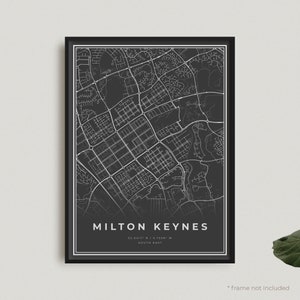 Milton Keynes Map Print, Milton Keynes Black Map Poster, Milton Keynes Dark Map Poster, South East, Housewarming Birthday Gift | BW84
