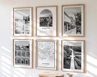 Arte mural de la galería de Atenas - Juego de 6, fotografía en blanco y negro de Atenas, pósteres de Atenas, colección de impresiones de Atenas, Georgia