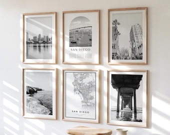 San Diego Gallery Wall Art - Set van 6, San Diego zwart-witfoto, San Diego posters, San Diego Print Collection, Californië