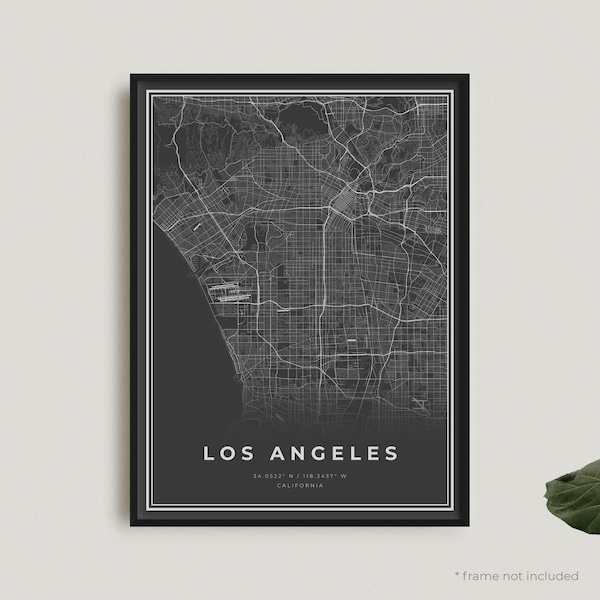 Los Angeles Map Print, Los Angeles Black Map Poster, Dark Map, California, Modern Home Office Decor, Housewarming Birthday Gift | BU02