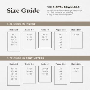 a guide for digital download, providing size information for various paper sizes in both inches and centimeters.