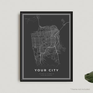 Impressão de mapa personalizada, pôster de mapa preto personalizado, pôster de mapa escuro personalizado, decoração moderna para escritório em casa, presente de aniversário de inauguração de casa | CU01