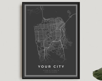 Personalized Map Print, Custom Black Map Poster, Personalized Dark Map Poster, Modern Home Office Decor, Housewarming Birthday Gift | CU01