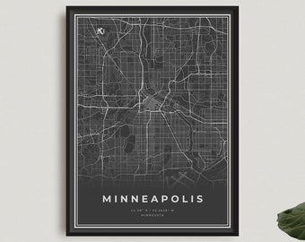 Minneapolis Map Print, Minneapolis Black Map Poster, Minneapolis Dark Map Poster, Minnesota, Office Decor, Housewarming Birthday Gift | BU46