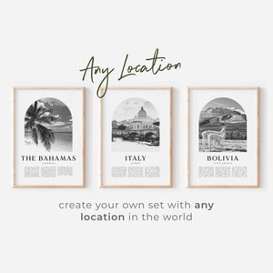 Set von Reise-modernen Plakaten - WÄHLEN SIE JEDEN STANDORT, Reise-Kunstdrucke, Boho-Galeriewand, Ziele-Set, Wahrzeichen der Stadt, Urlaub, Andenken