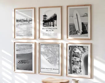 Huntington Beach Gallery Wall Art - Set of 6, Huntington Beach Black and White Photo, Huntington Beach Posters, California