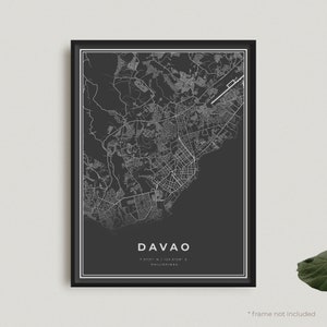 Davao-kaartafdruk, zwarte Davao-kaartposter, poster Chicago donkere kaart, Filipijnen, modern kantoordecor, housewarming verjaardagscadeau | BW248
