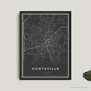 Impression de carte de Huntsville, affiche de carte noire de Huntsville, affiche de carte sombre de Huntsville, Alabama, décoration de bureau, cadeau d'anniversaire de pendaison de crémaillère | BU126+