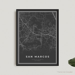 Wydruk mapy San Marcos, plakat z czarną mapą San Marcos, plakat z ciemną mapą San Marcos, Kalifornia, wystrój biura, prezent urodzinowy na parapetówkę | BU346