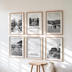 Op de afbeelding: Een verzameling van zes ingelijste zwart-wit prints. De prints tonen landschappen, een kaart en de tekst "NEW FOREST NATIONAL PARK". De lijsten zijn van lichtgekleurd hout. Een kleine houten kruk en een decoratieve vaas staan ervoor.