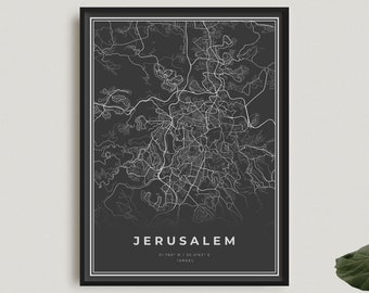 Jerusalem Map Print, Jerusalem Black Map Poster, Jerusalem Dark Map Poster, Israel, Home Office Decor, Housewarming Birthday Gift | BW420