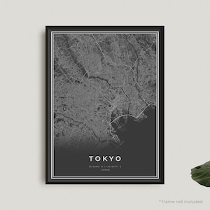 Impression carte de Tokyo, poster carte noir de Tokyo, poster carte sombre de Tokyo, Japon, décoration de bureau à domicile moderne, cadeau d'anniversaire de pendaison de crémaillère | BW101