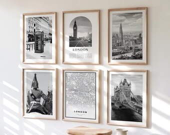 Arte mural de galería de Londres - Juego de 6, fotografía en blanco y negro de Londres, pósteres de Londres, colección de láminas de Londres, Inglaterra