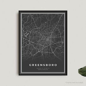 Greensboro Map Print, Greensboro Black Map Poster, Greensboro Dark Map, North Carolina, Office Decor, Housewarming Birthday Gift | BU68