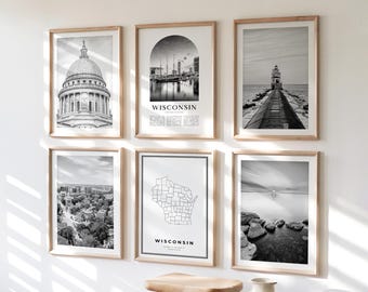 Wisconsin Gallery Wall Art - Set of 6, Wisconsin Black and White Photo, Wisconsin Posters, Wisconsin Print Collection, United States