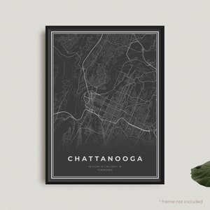 Impressão de mapa de Chattanooga, pôster de mapa preto de Chattanooga, mapa escuro de Chattanooga, Tennessee, decoração de escritório, presente de aniversário de inauguração de casa | BU136