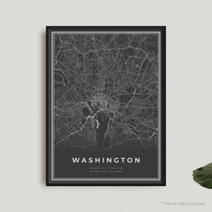 Impression carte de Washington, poster carte noir de Washington, poster carte sombre de Washington, district de Columbia, cadeau d'anniversaire de pendaison de crémaillère | BU23