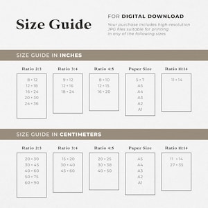 a guide for digital download, providing size information for various paper sizes in both inches and centimeters.