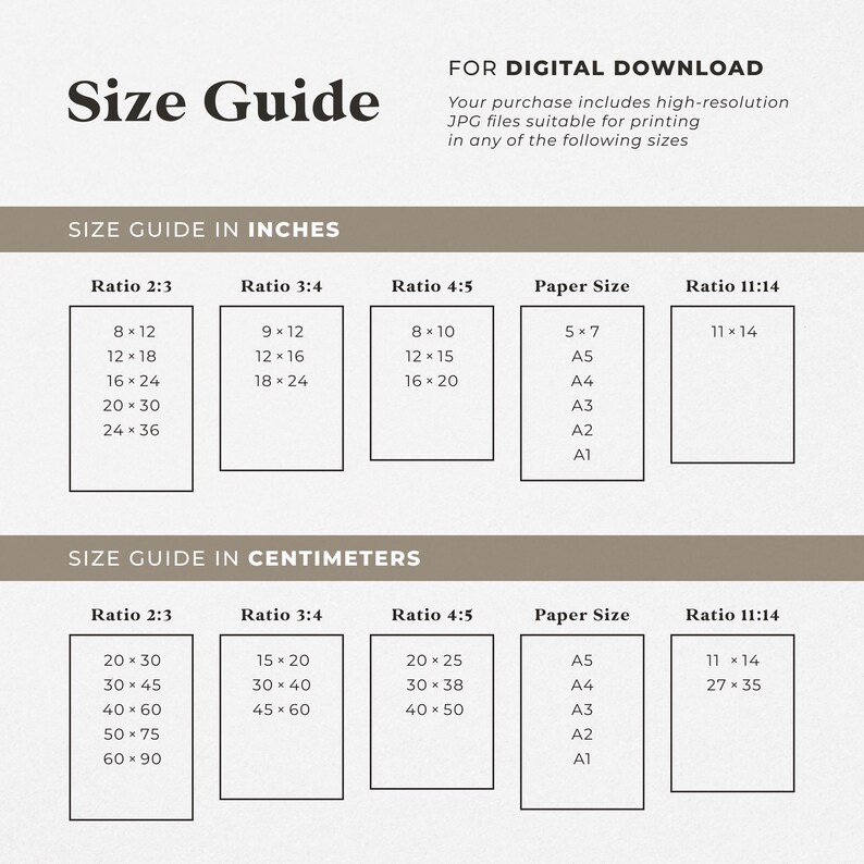 a guide for digital download, providing size information for various paper sizes in both inches and centimeters.