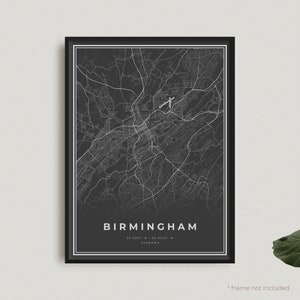 Impression de carte de Birmingham, affiche de carte noire de Birmingham, affiche de carte sombre de Birmingham, Alabama, décoration de bureau, cadeau d'anniversaire de pendaison de crémaillère | BU101