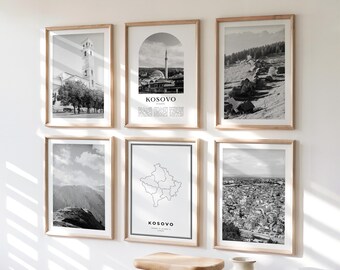 Set di 6 quadri da parete del Kosovo, foto in bianco e nero del Kosovo, poster del Kosovo, collezione di stampe del Kosovo, Europa